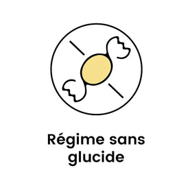 Icône d'un bonbon barré indiquant que la Miraculine contenu dans la poudre de baie Miracle peut être utilisée comme complément alimentaire pour faire des régimes sans glucides (sans sucre).