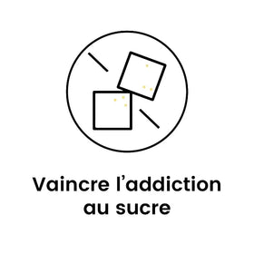 Icône de deux carrés de sucre barrés indiquant que la Miraculine contenu dans la poudre de baie Miracle peut être utilisée comme substitut au sucre afin de vaincre l'addiction du sucre et améliorer la santé du consommateur.